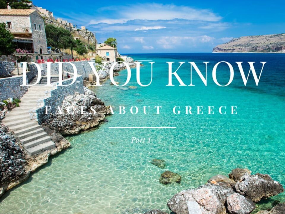 A turquoise beach in Greece with text above the photo that reads Did you know? Facts about Greece - part 1