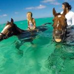 A mother and daughter who are enjoying the experience swim with horses in Paros