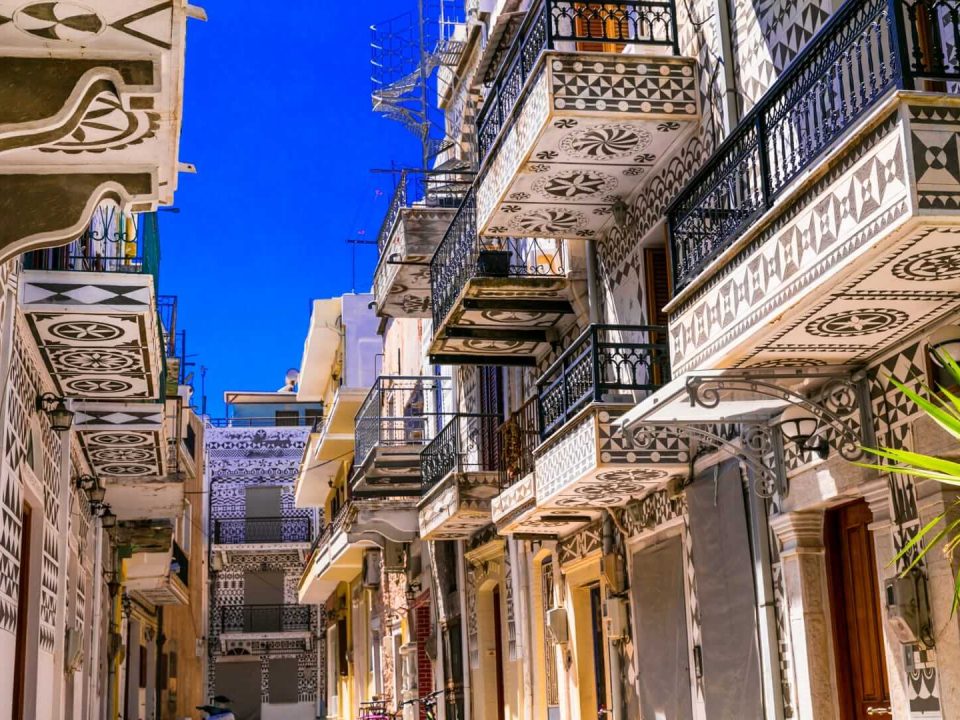 The medieval village of Pyrgi with geometrical shapes on the buildings, part of the Chios Island ultimate travel guide